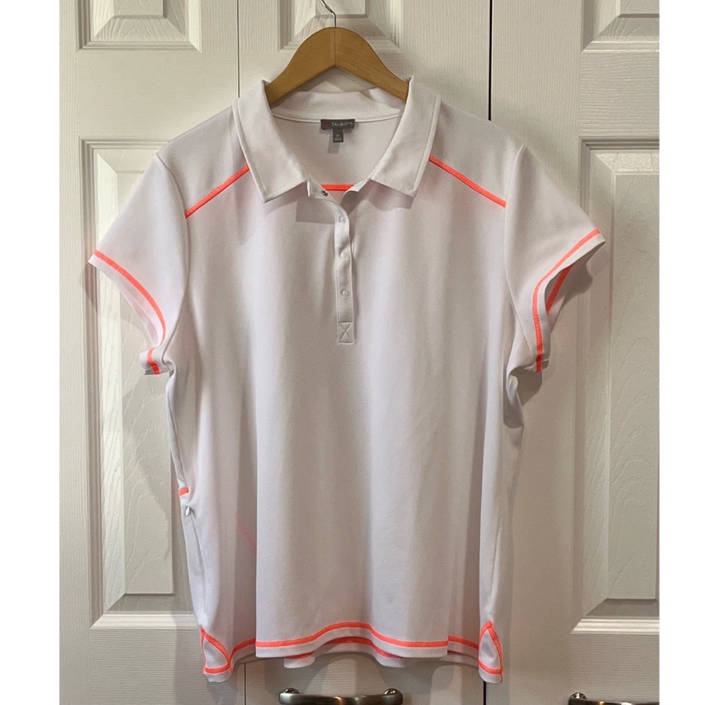Talbots White Activewear Polo with Neon Orange Accent Stitching 2X
